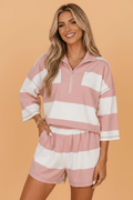 Stripe Half Zip 3/4 Sleeve Top & Shorts Set - Rooted & Reckless Co.