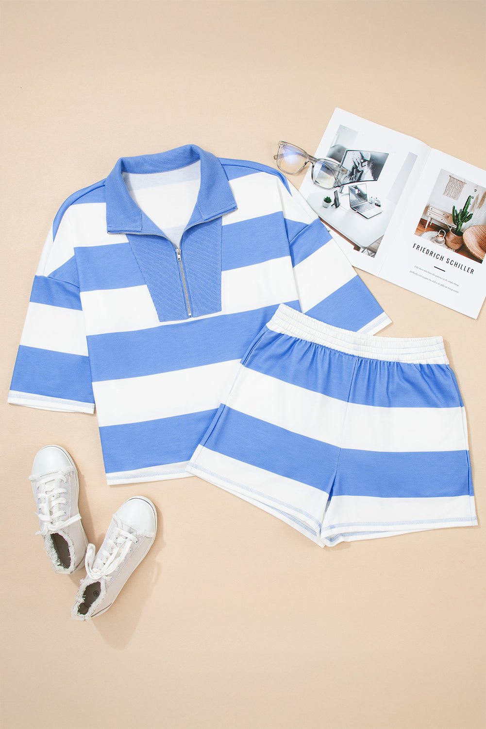Stripe Half Zip Oversize Tee and Shorts Set - Rooted & Reckless Co.