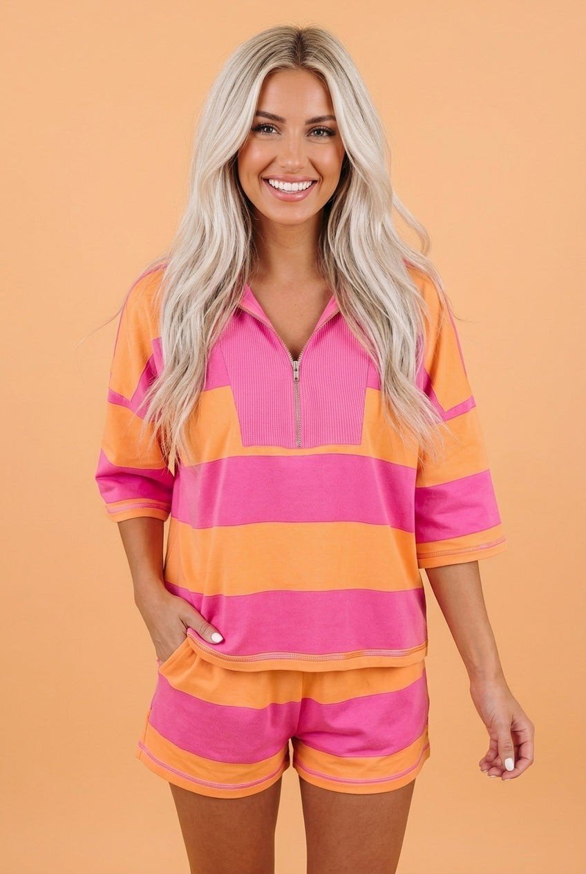 Stripe Half Zip Tee & Elastic Shorts Set - Rooted & Reckless Co.