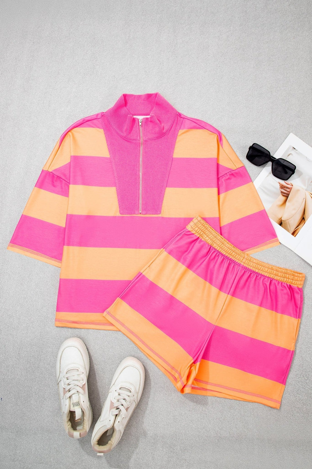 Stripe Half Zip Tee & Elastic Shorts Set - Rooted & Reckless Co.