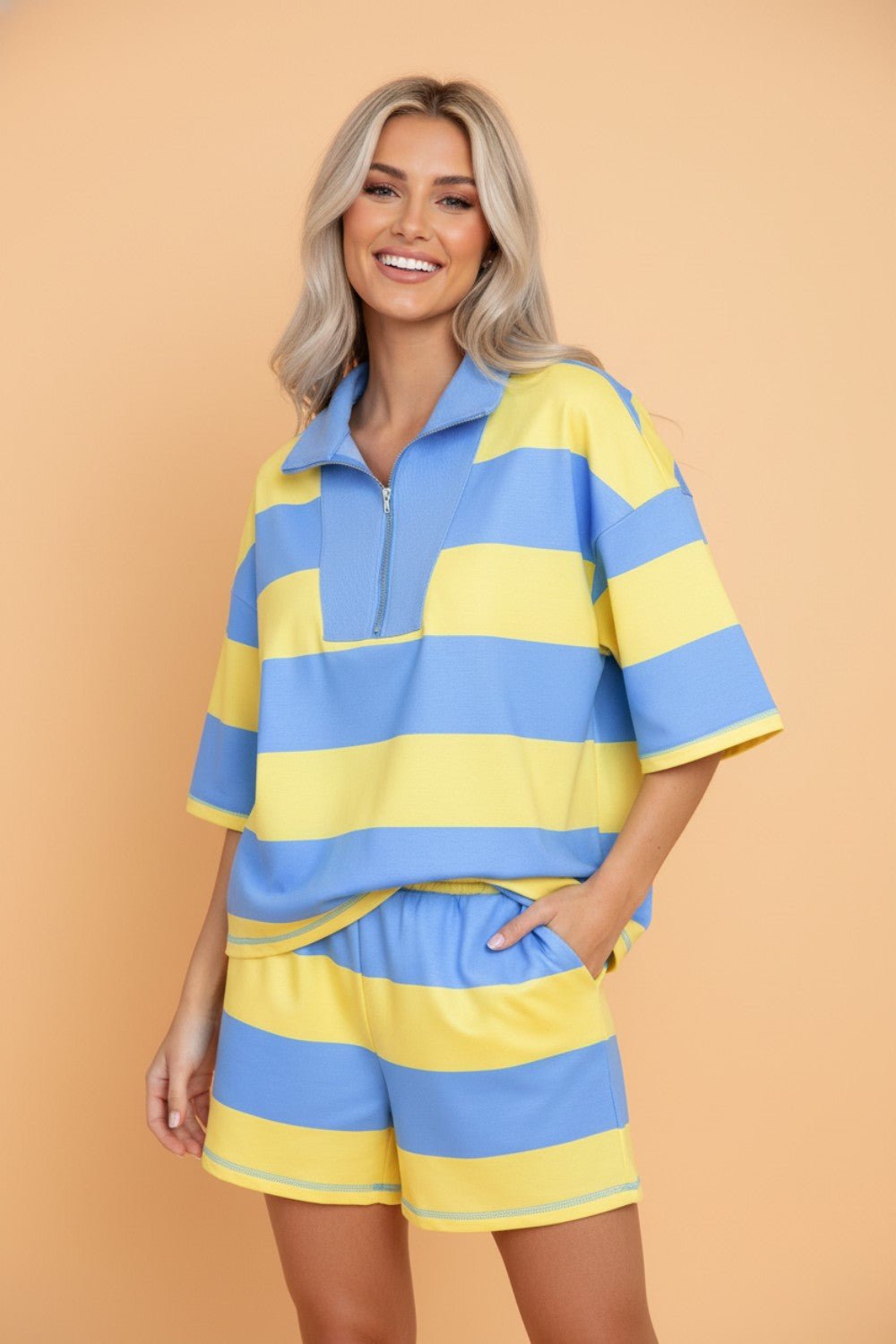 Stripe Half Zip Tee & Elastic Shorts Set - Rooted & Reckless Co.