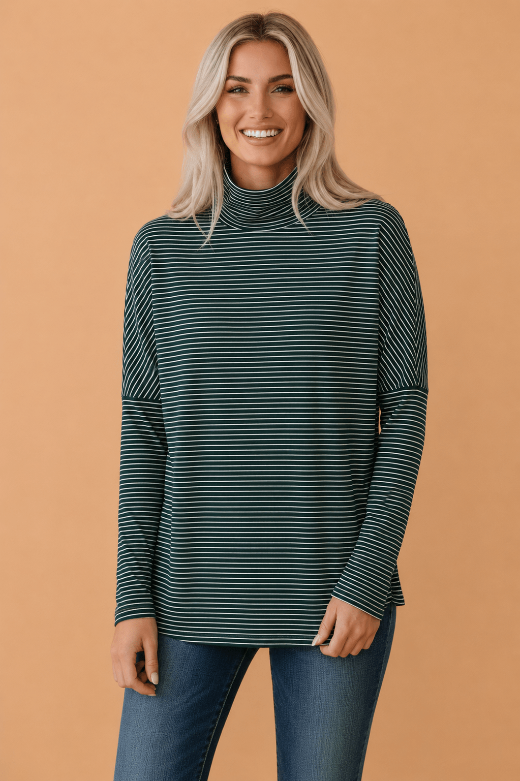 Stripe High Neck Drop Shoulder Long Sleeve Top - Rooted & Reckless Co.
