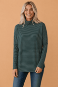 Stripe High Neck Drop Shoulder Long Sleeve Top - Rooted & Reckless Co.
