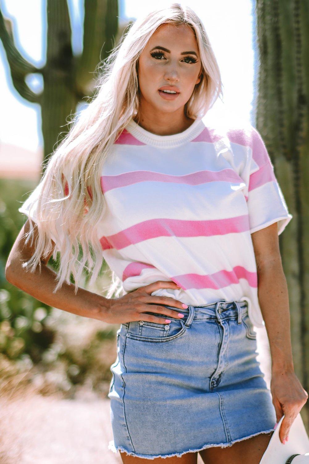 Stripe Knit Dropped Short Sleeve Sweater - Rooted & Reckless Co.