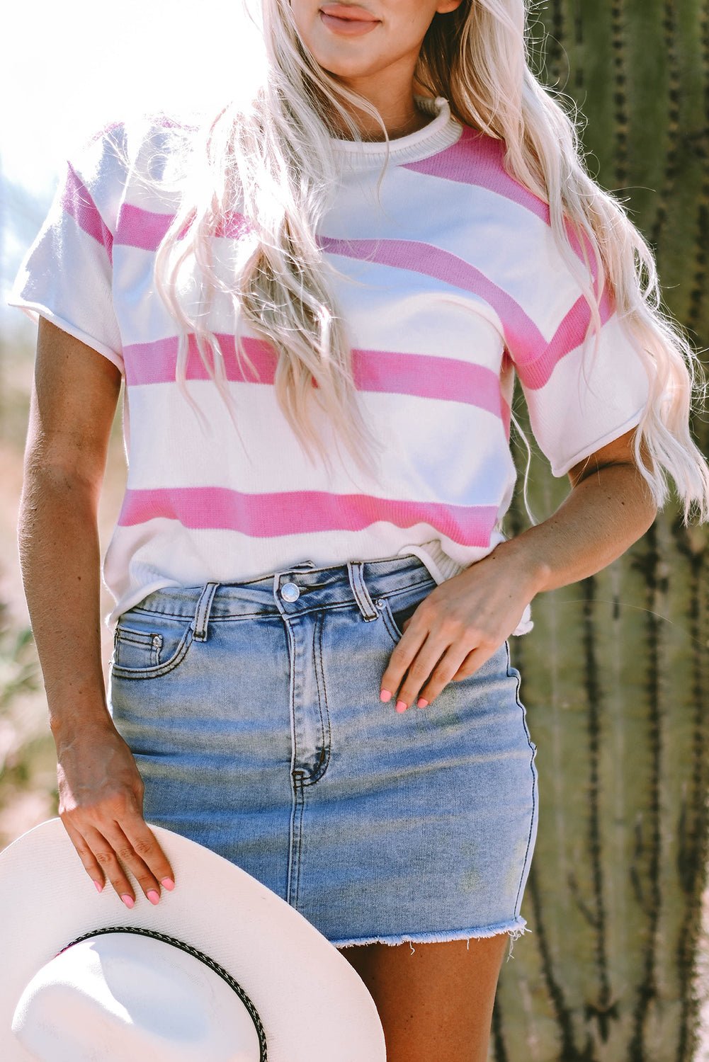 Stripe Knit Dropped Short Sleeve Sweater - Rooted & Reckless Co.