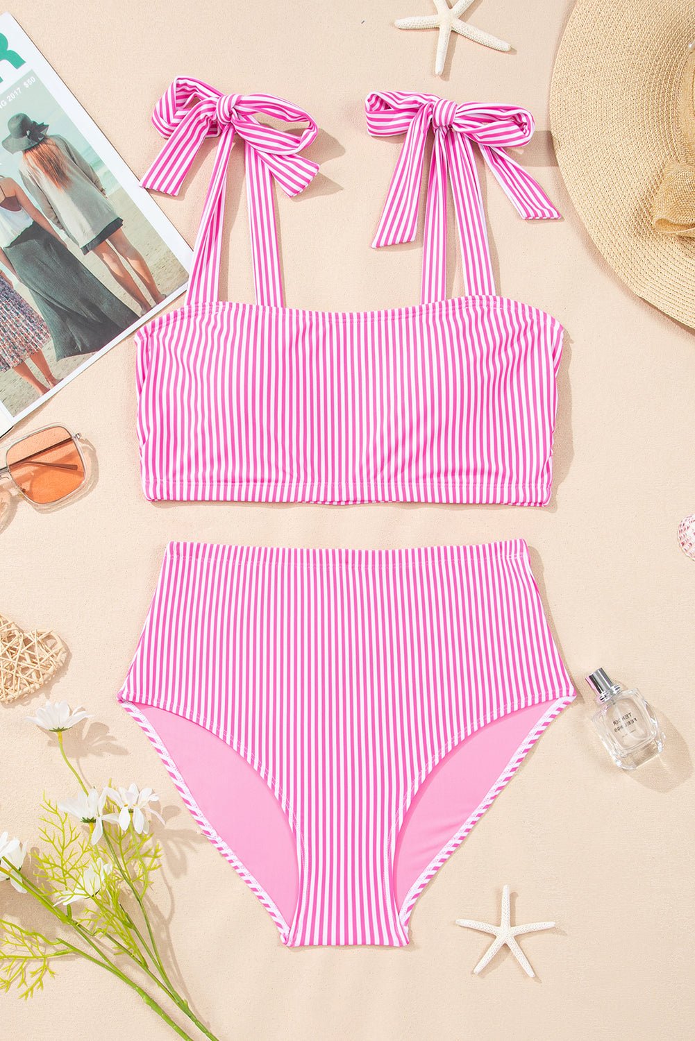 Stripe Knot Strap High Waist Bikini Swimsuit - Rooted & Reckless Co.