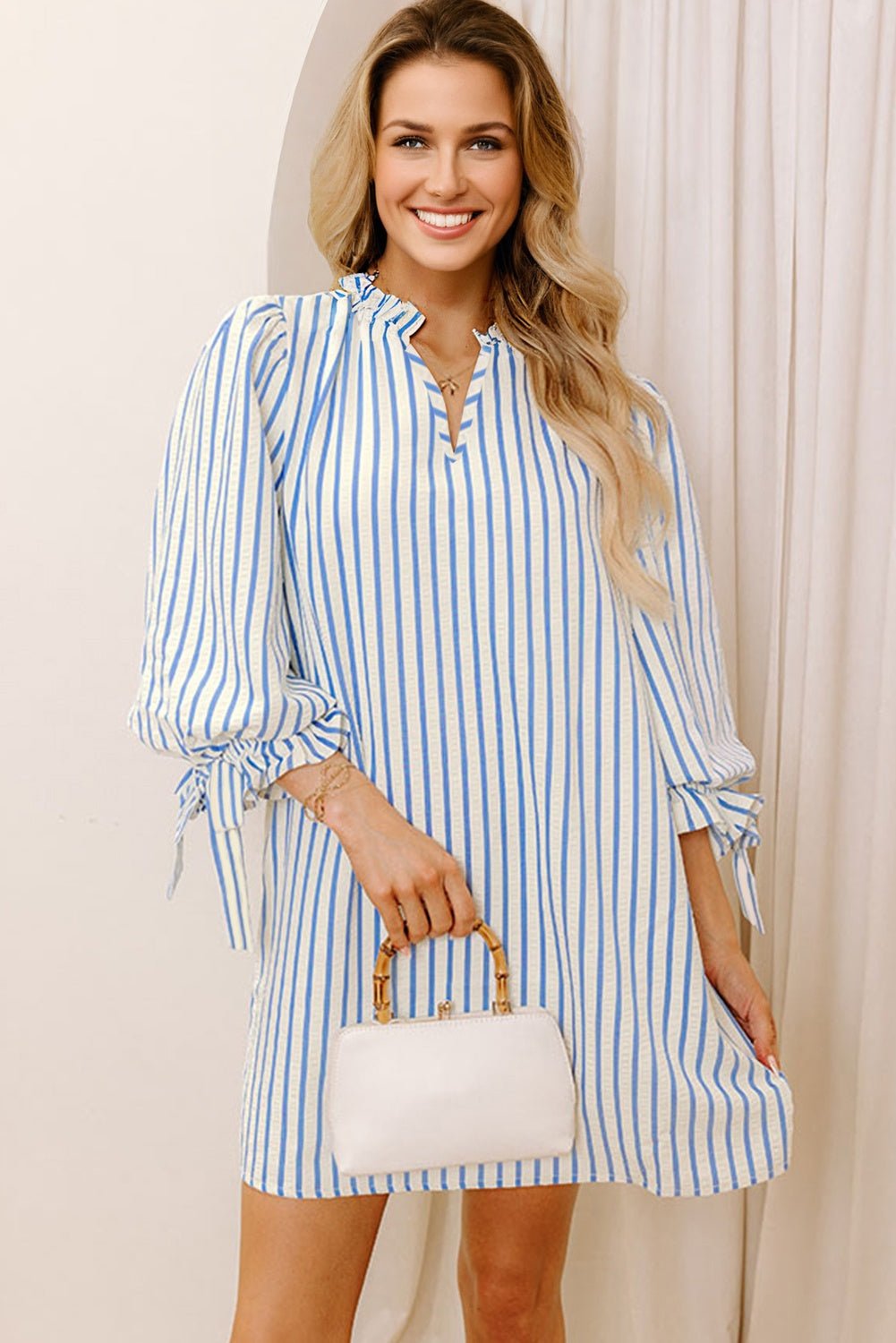 Stripe Knotted 3/4 Sleeve Notched Neck Mini Dress - Rooted & Reckless Co.