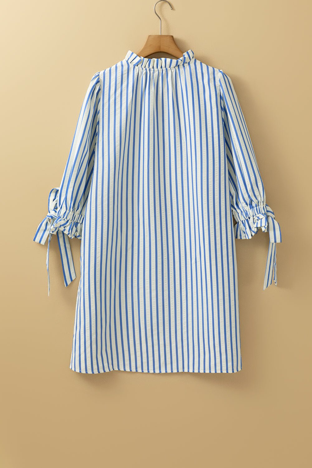 Stripe Knotted 3/4 Sleeve Notched Neck Mini Dress - Rooted & Reckless Co.