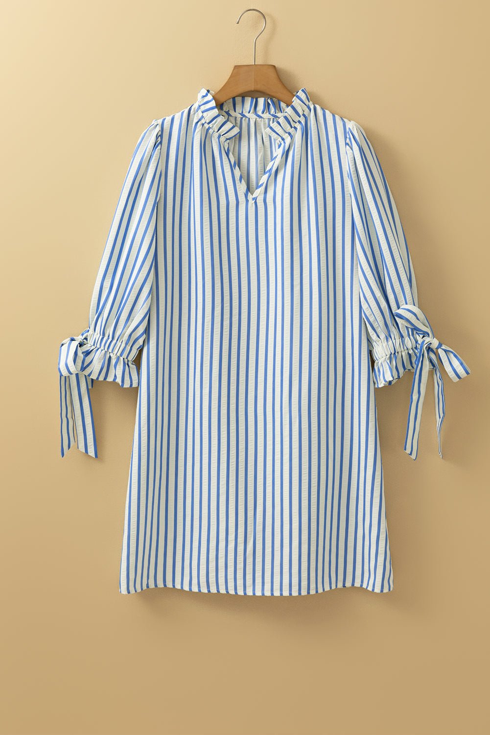 Stripe Knotted 3/4 Sleeve Notched Neck Mini Dress - Rooted & Reckless Co.