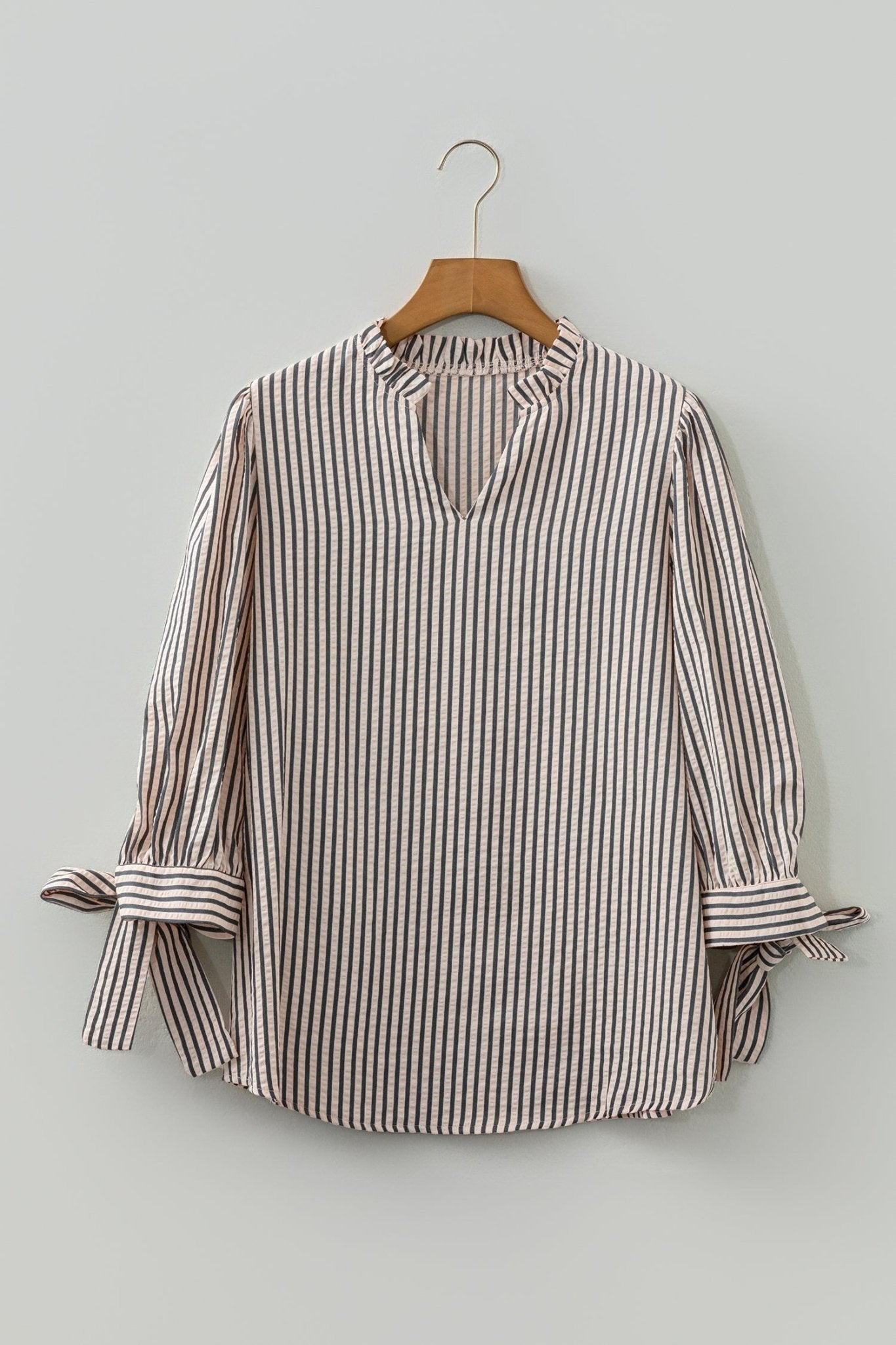Stripe Knotted Cuff 3/4 Sleeve V-Neck Blouse - Rooted & Reckless Co.