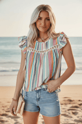 Stripe Lace Hollow-Out Flutter Sleeve Blouse - Rooted & Reckless Co.