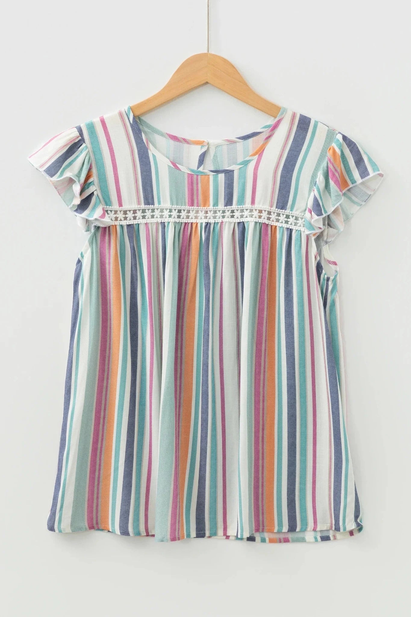 Stripe Lace Hollow-Out Flutter Sleeve Blouse - Rooted & Reckless Co.