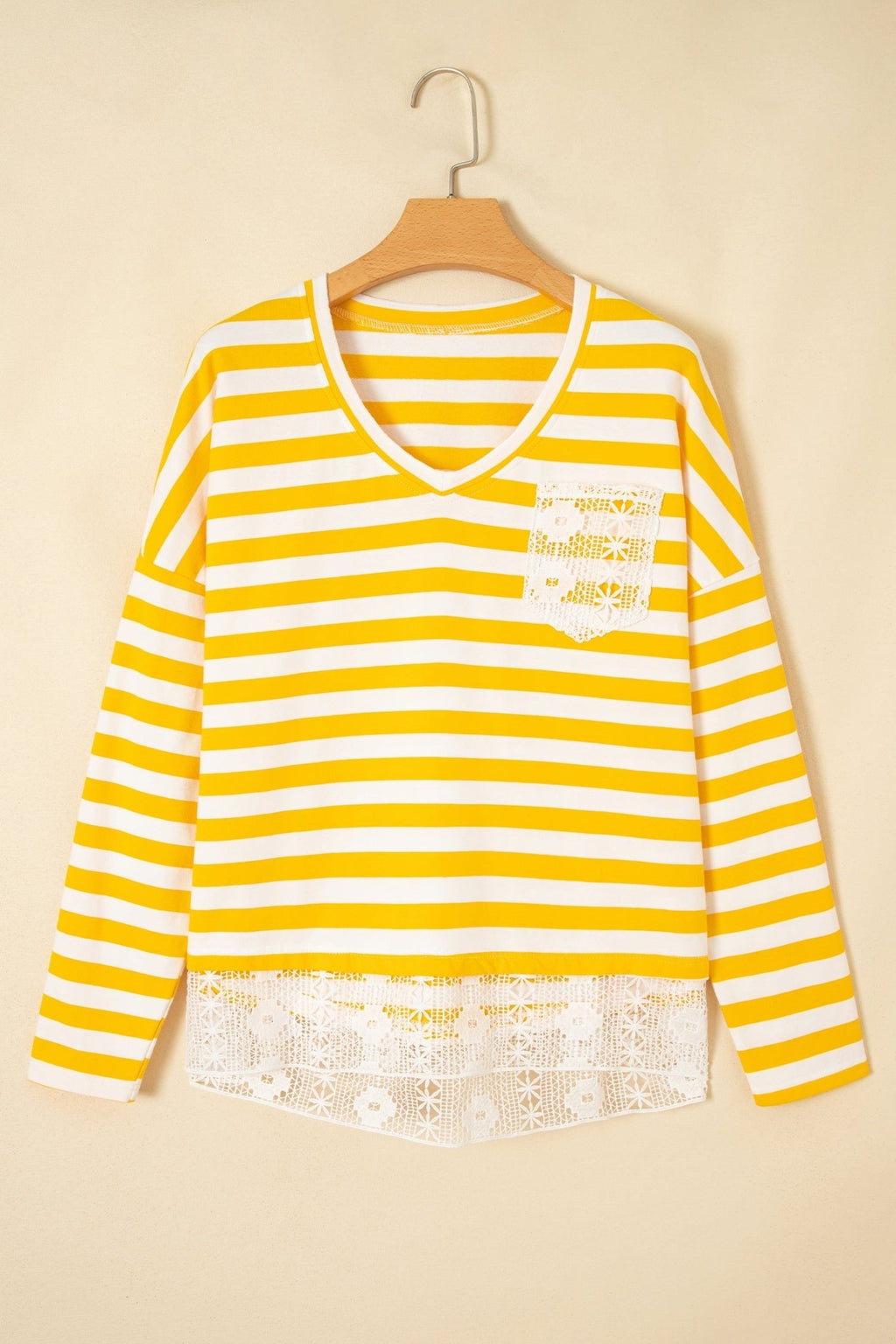Stripe Lace Patchwork V-Neck Long Sleeve Top - Rooted & Reckless Co.