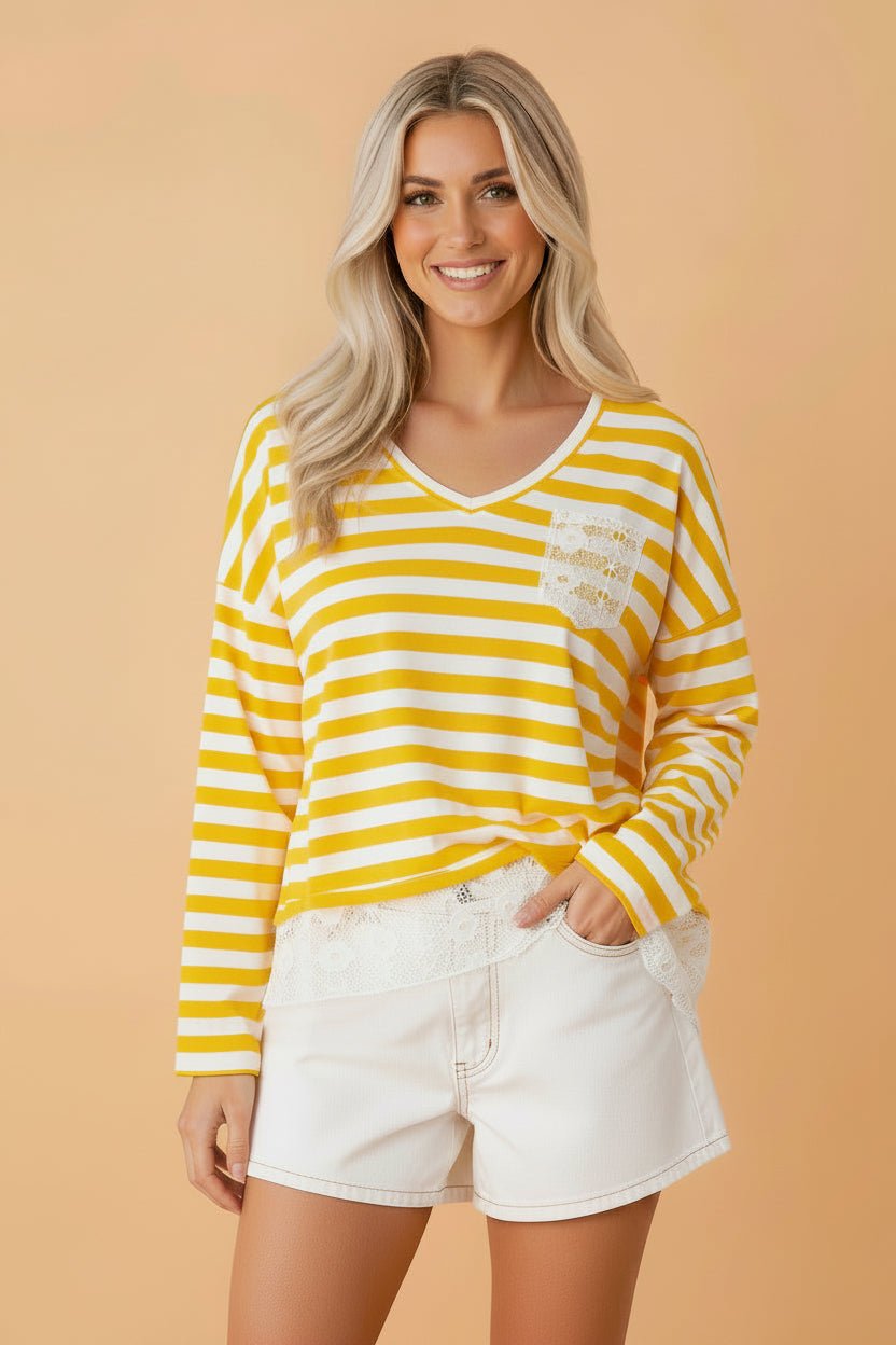 Stripe Lace Patchwork V-Neck Long Sleeve Top - Rooted & Reckless Co.
