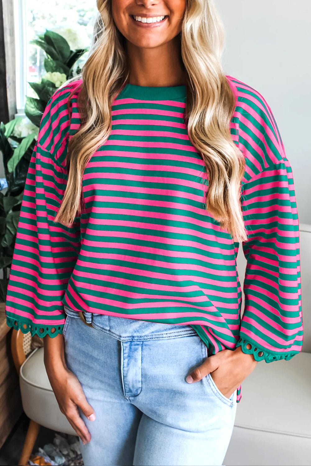 Stripe Lace Trim 3/4 Sleeve Top - Rooted & Reckless Co.