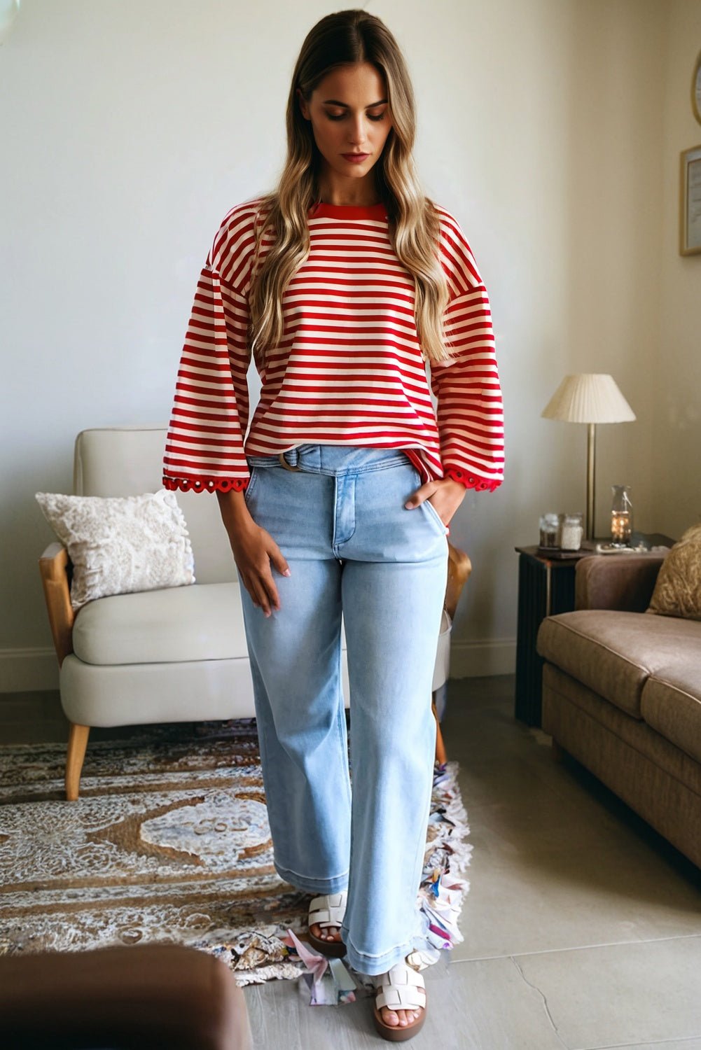 Stripe Lace Trim 3/4 Sleeve Top - Rooted & Reckless Co.