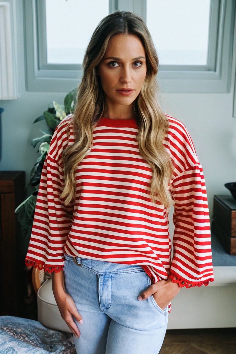 Stripe Lace Trim 3/4 Sleeve Top - Rooted & Reckless Co.