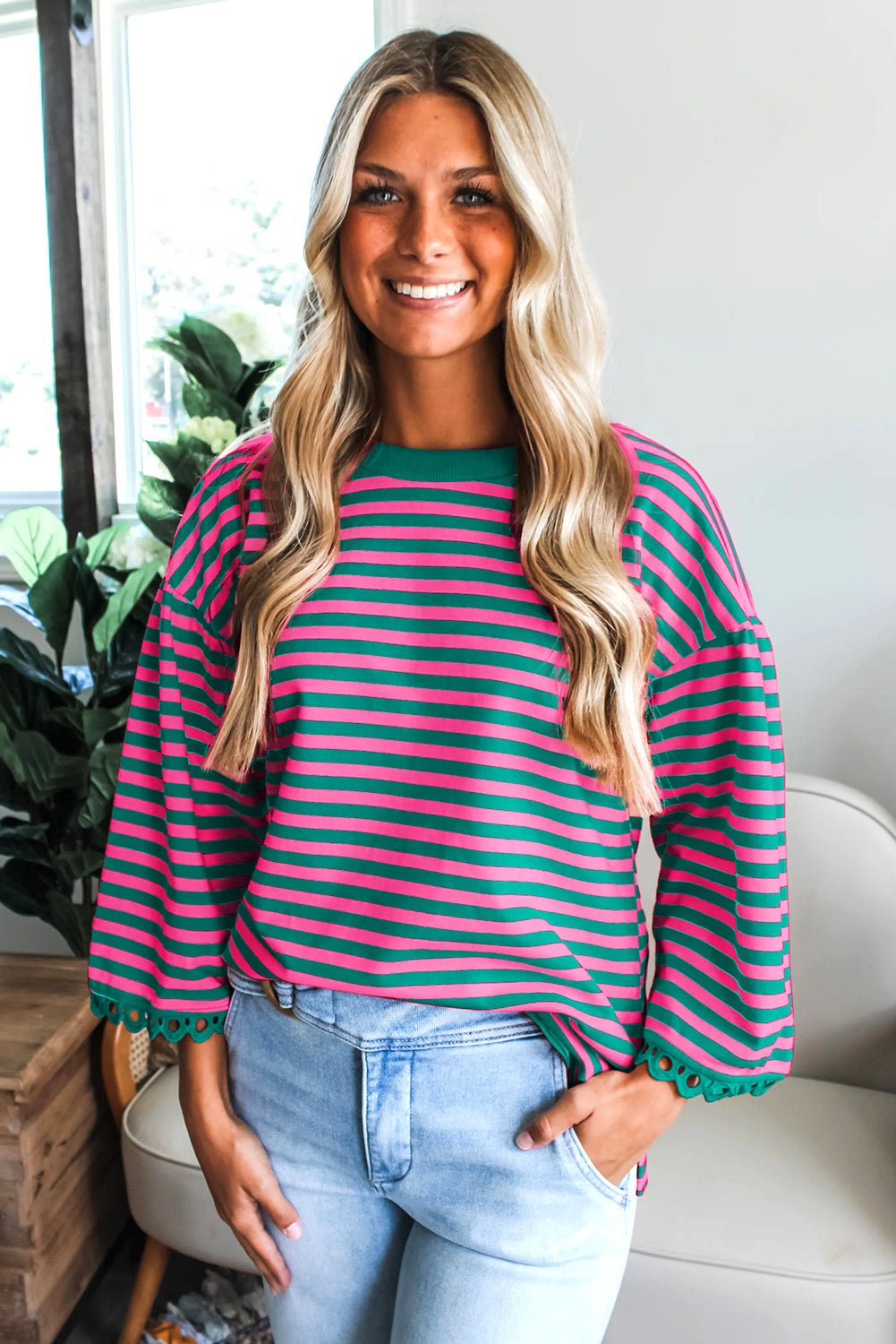 Stripe Lace Trim 3/4 Sleeve Top - Rooted & Reckless Co.