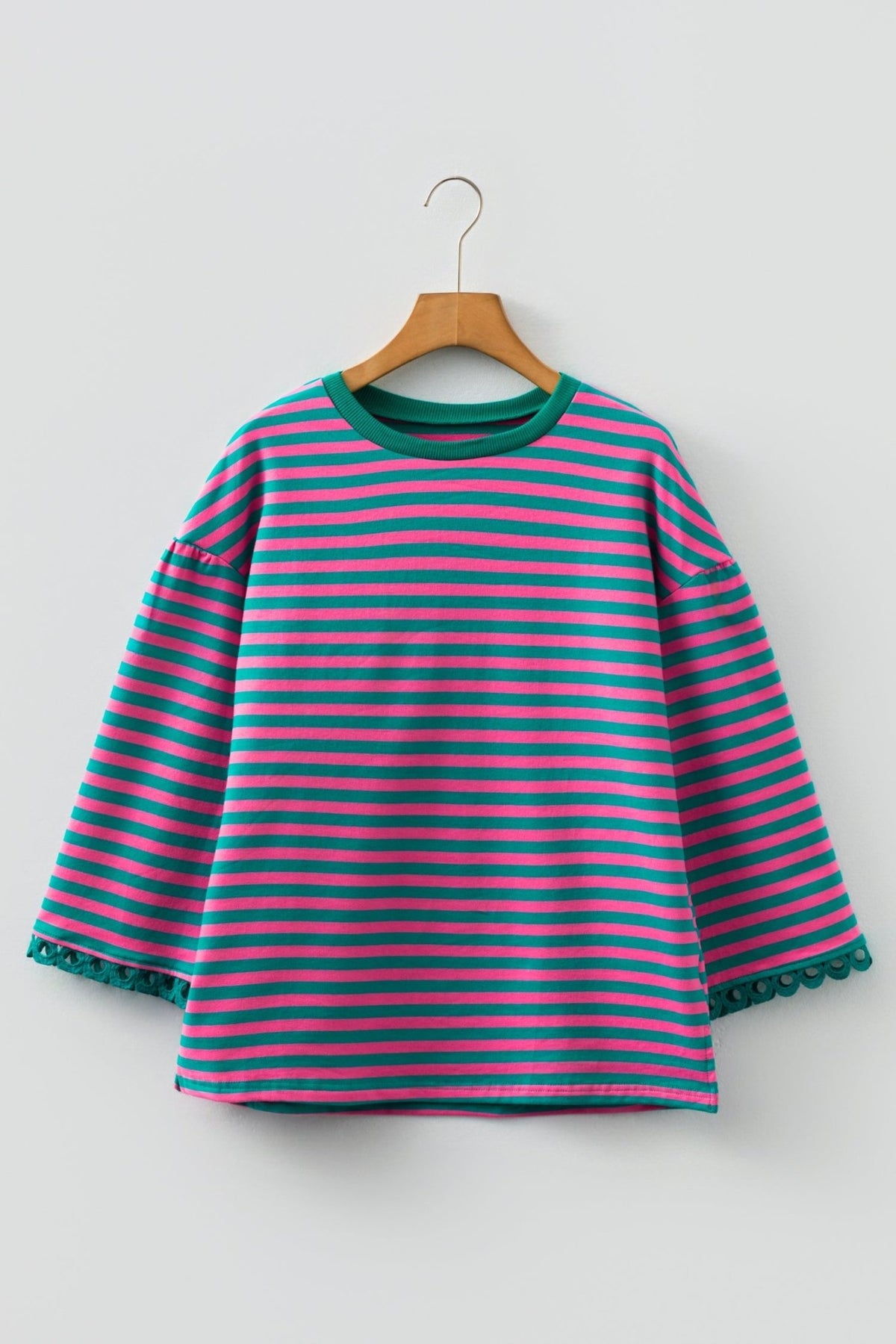 Stripe Lace Trim 3/4 Sleeve Top - Rooted & Reckless Co.