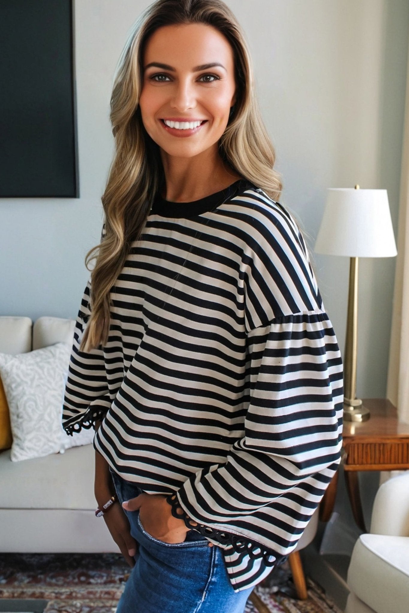 Stripe Lace Trim 3/4 Sleeve Top - Rooted & Reckless Co.