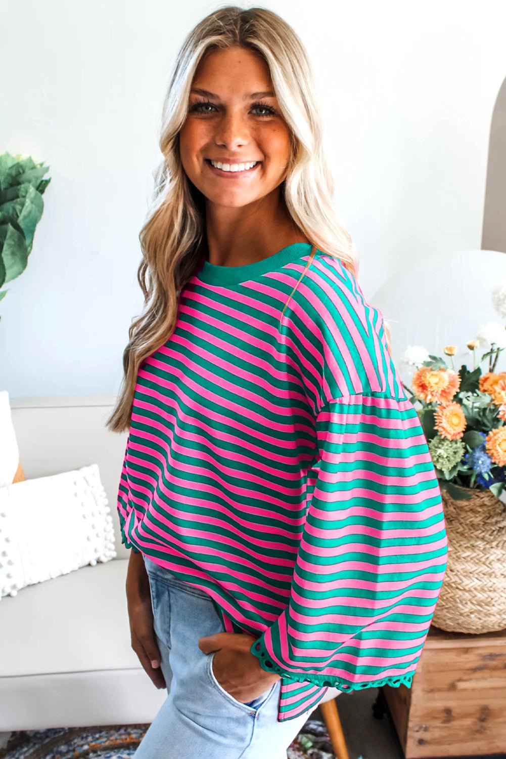 Stripe Lace Trim 3/4 Sleeve Top - Rooted & Reckless Co.