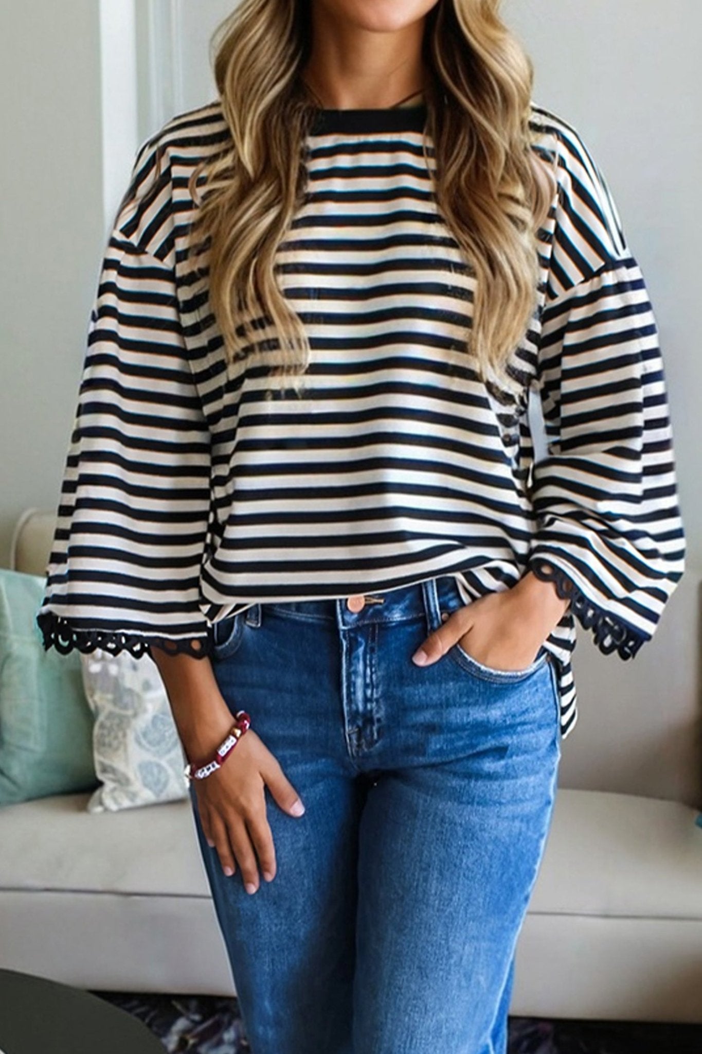 Stripe Lace Trim 3/4 Sleeve Top - Rooted & Reckless Co.