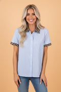 Stripe Leopard Contrast Collar Short Sleeve Shirt - Rooted & Reckless Co.