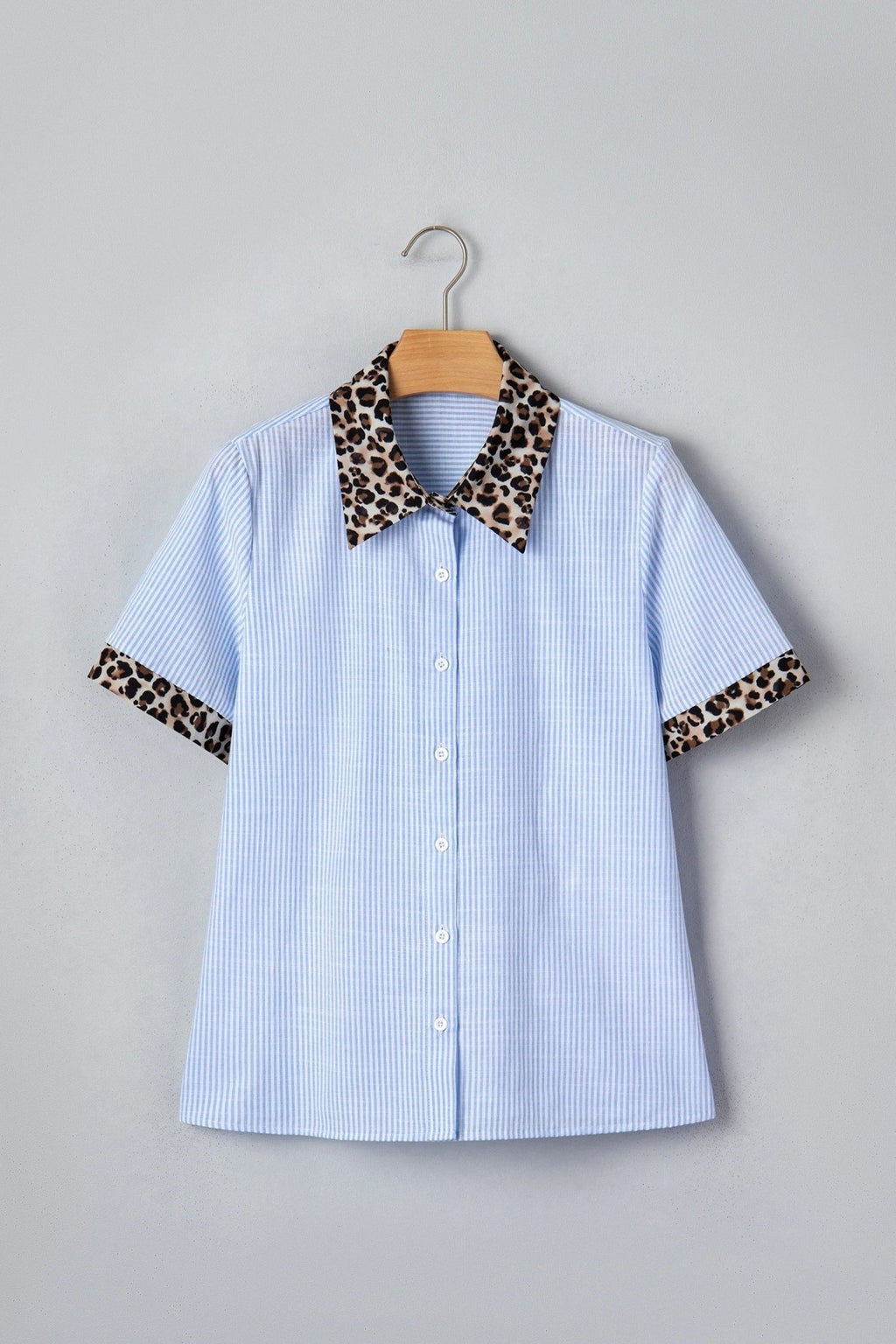 Stripe Leopard Contrast Collar Short Sleeve Shirt - Rooted & Reckless Co.