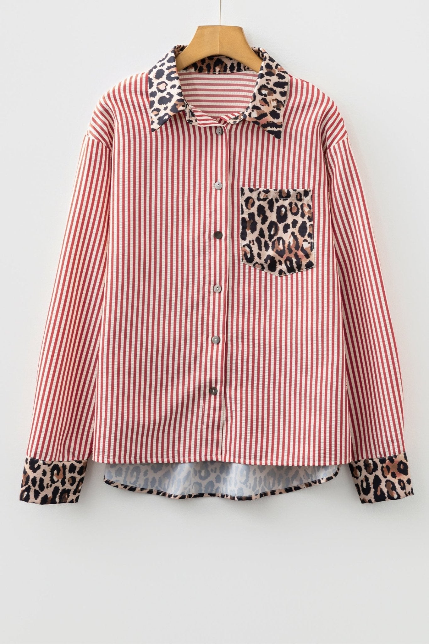 Stripe Leopard Patchwork Long Sleeve Buttoned Shirt - Rooted & Reckless Co.