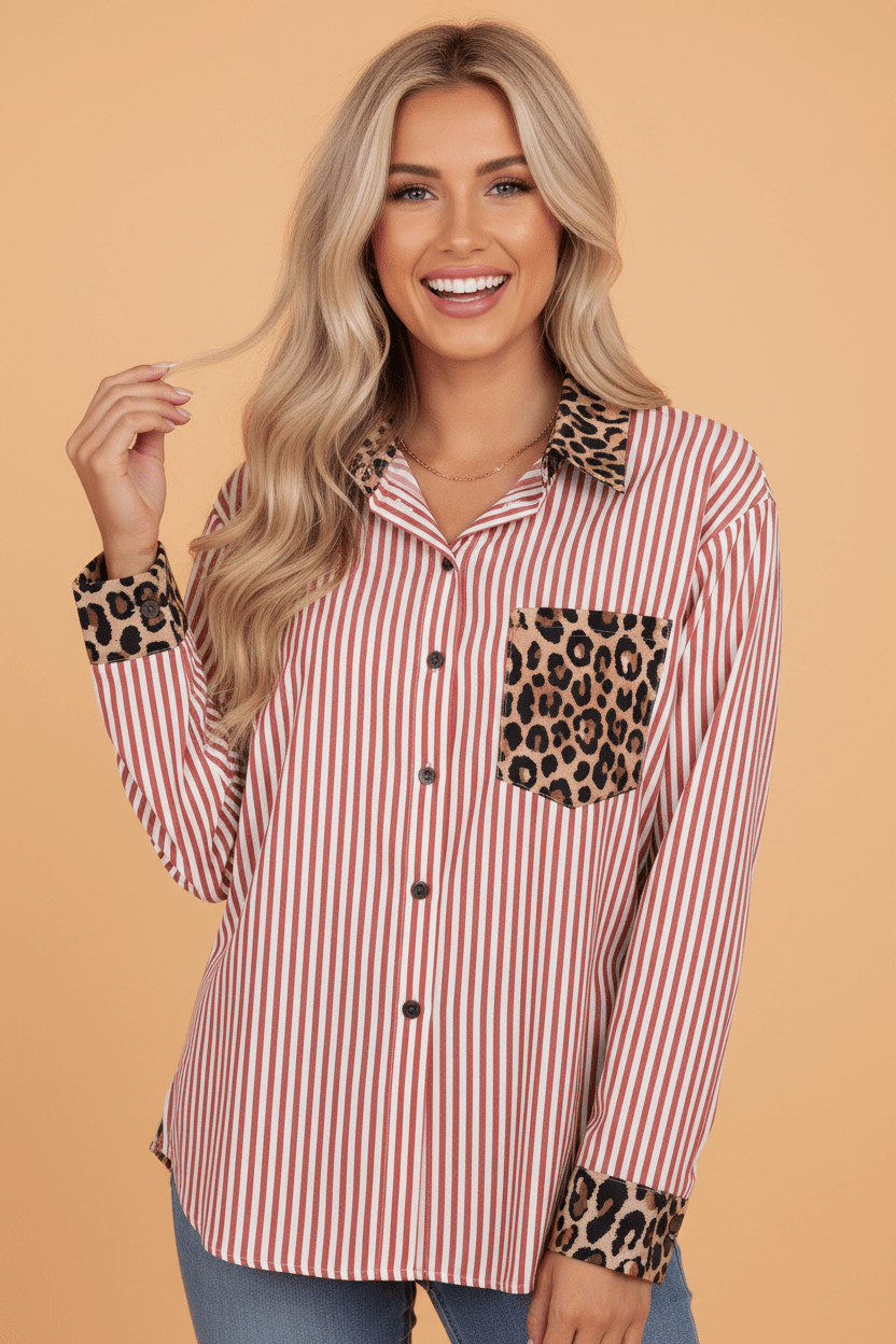 Stripe Leopard Patchwork Long Sleeve Buttoned Shirt - Rooted & Reckless Co.