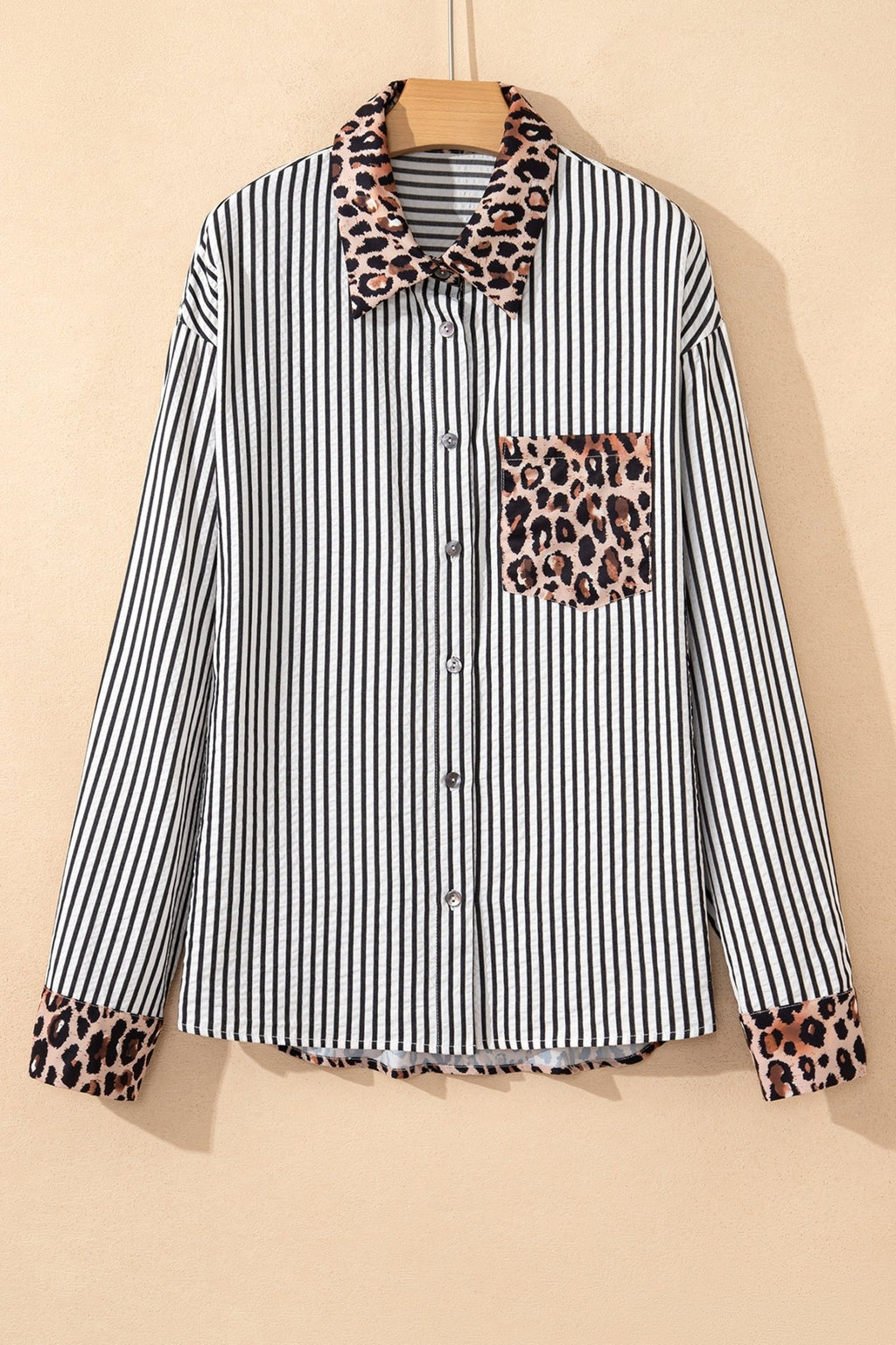 Stripe Leopard Patchwork Long Sleeve Buttoned Shirt - Rooted & Reckless Co.