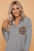 Stripe Leopard Patchwork Long Sleeve Buttoned Shirt - Rooted & Reckless Co.