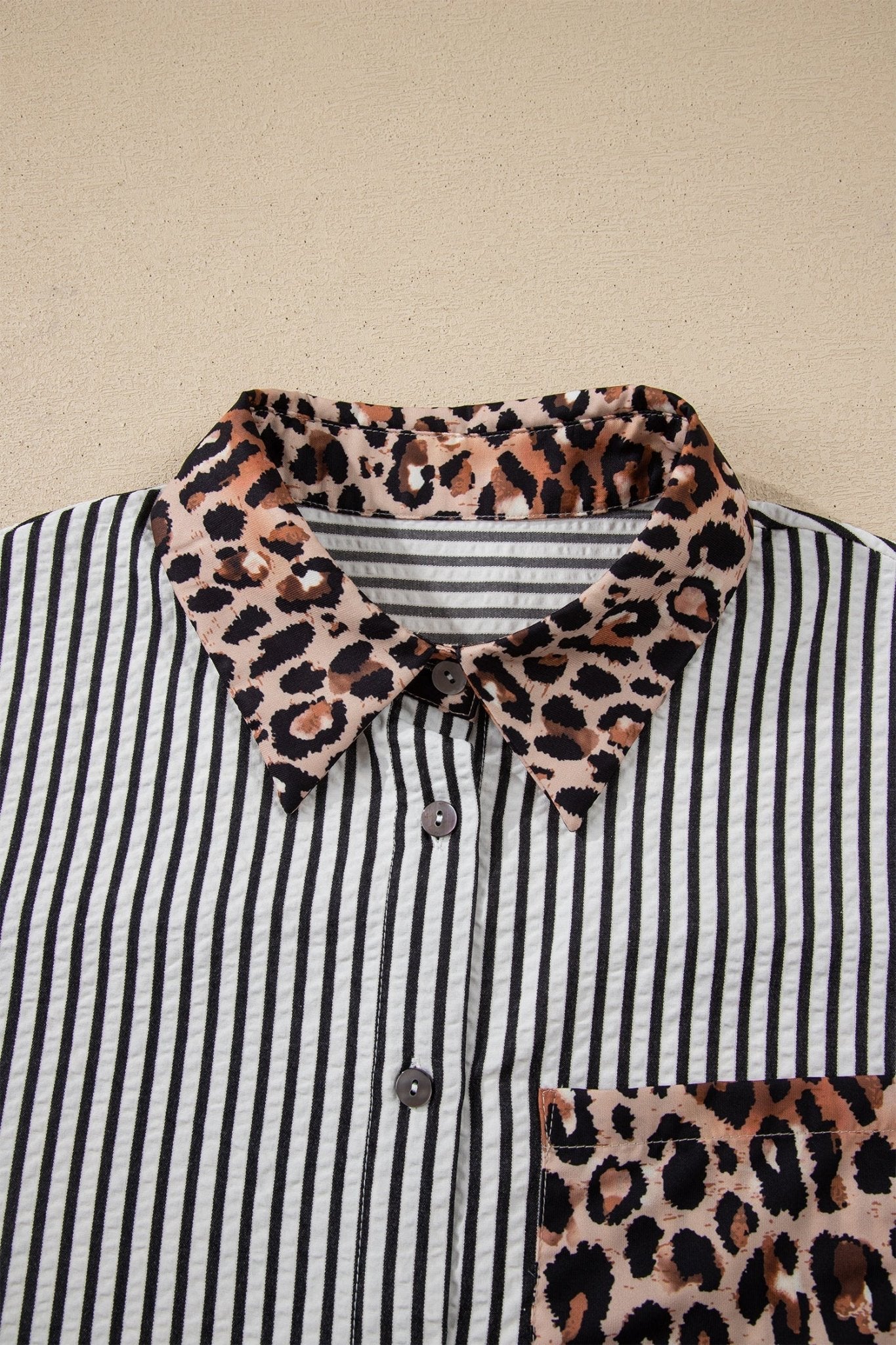 Stripe Leopard Patchwork Long Sleeve Buttoned Shirt - Rooted & Reckless Co.