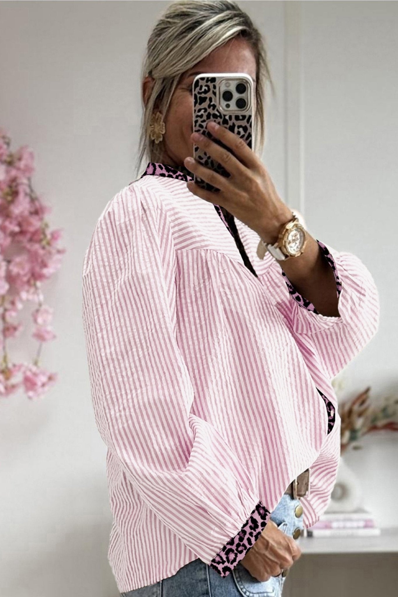 Stripe Leopard Patchwork Long Sleeve Shirt - Rooted & Reckless Co.