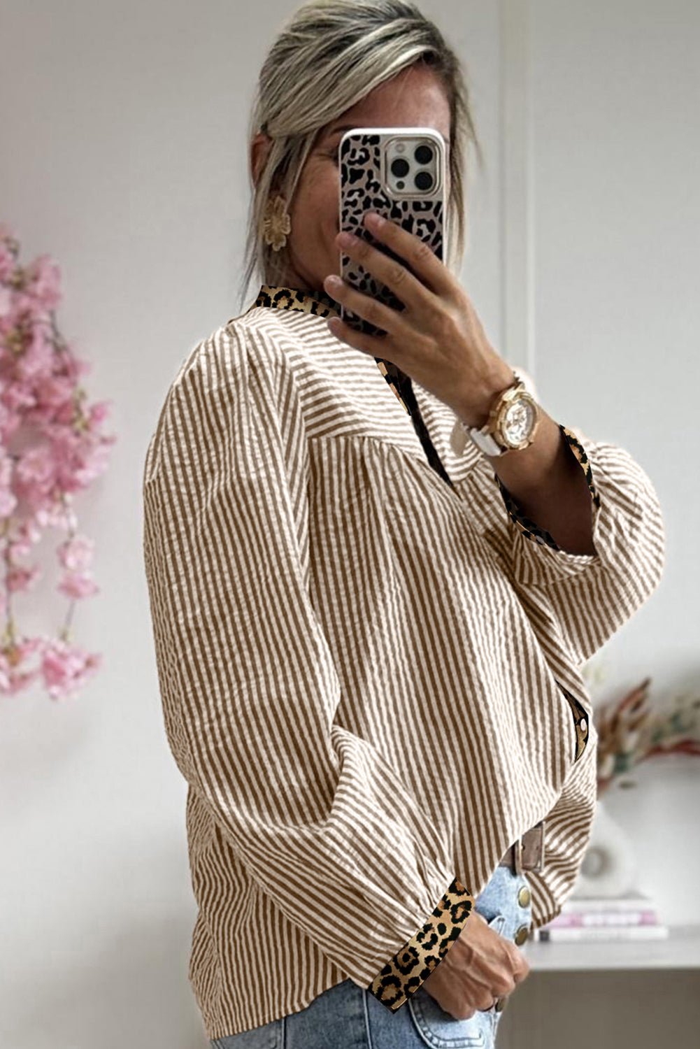 Stripe Leopard Patchwork Long Sleeve Shirt - Rooted & Reckless Co.
