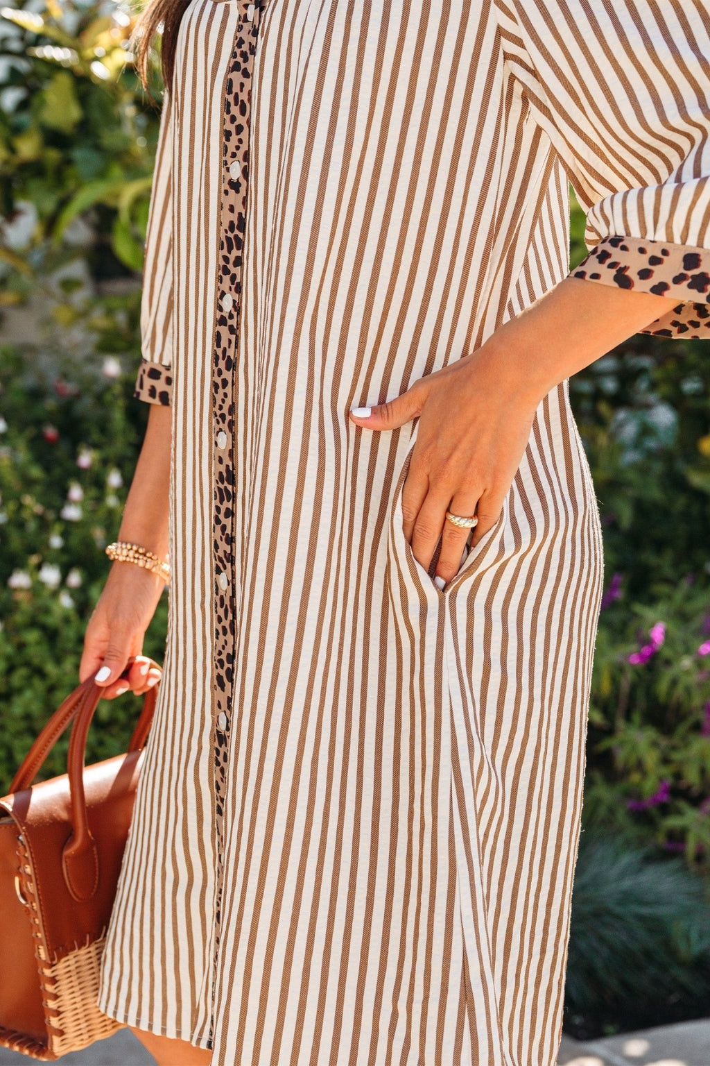Stripe Leopard Trim 3/4 Sleeve Midi Shirt Dress - Rooted & Reckless Co.