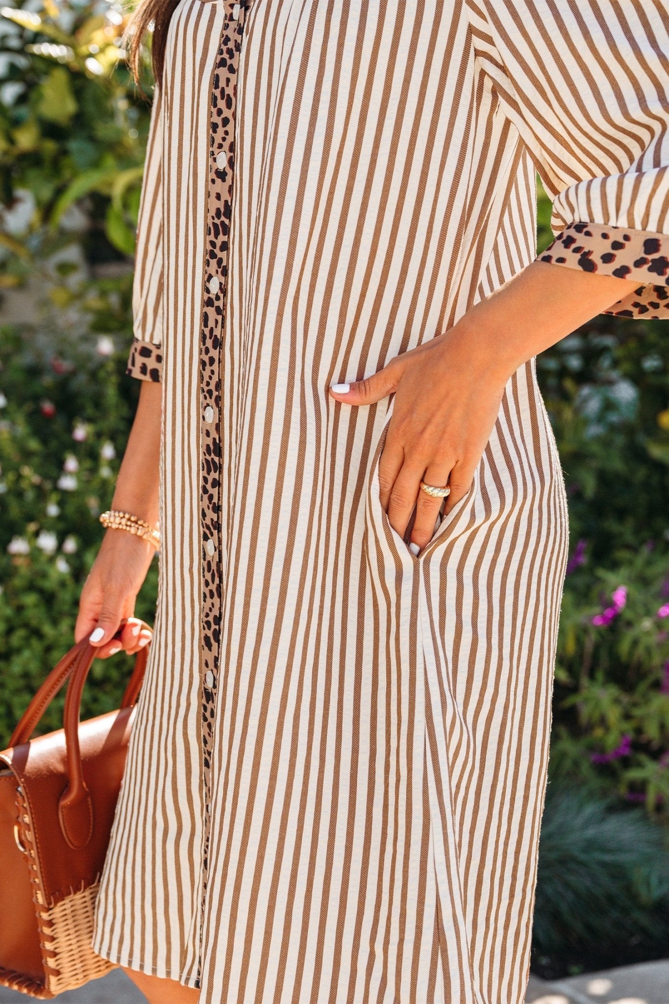 Stripe Leopard Trim 3/4 Sleeve Midi Shirt Dress - Rooted & Reckless Co.