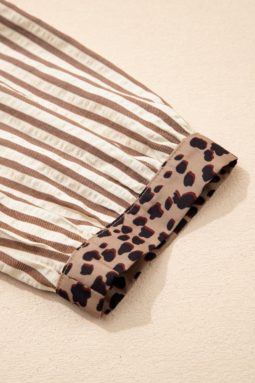 Stripe Leopard Trim 3/4 Sleeve Midi Shirt Dress - Rooted & Reckless Co.