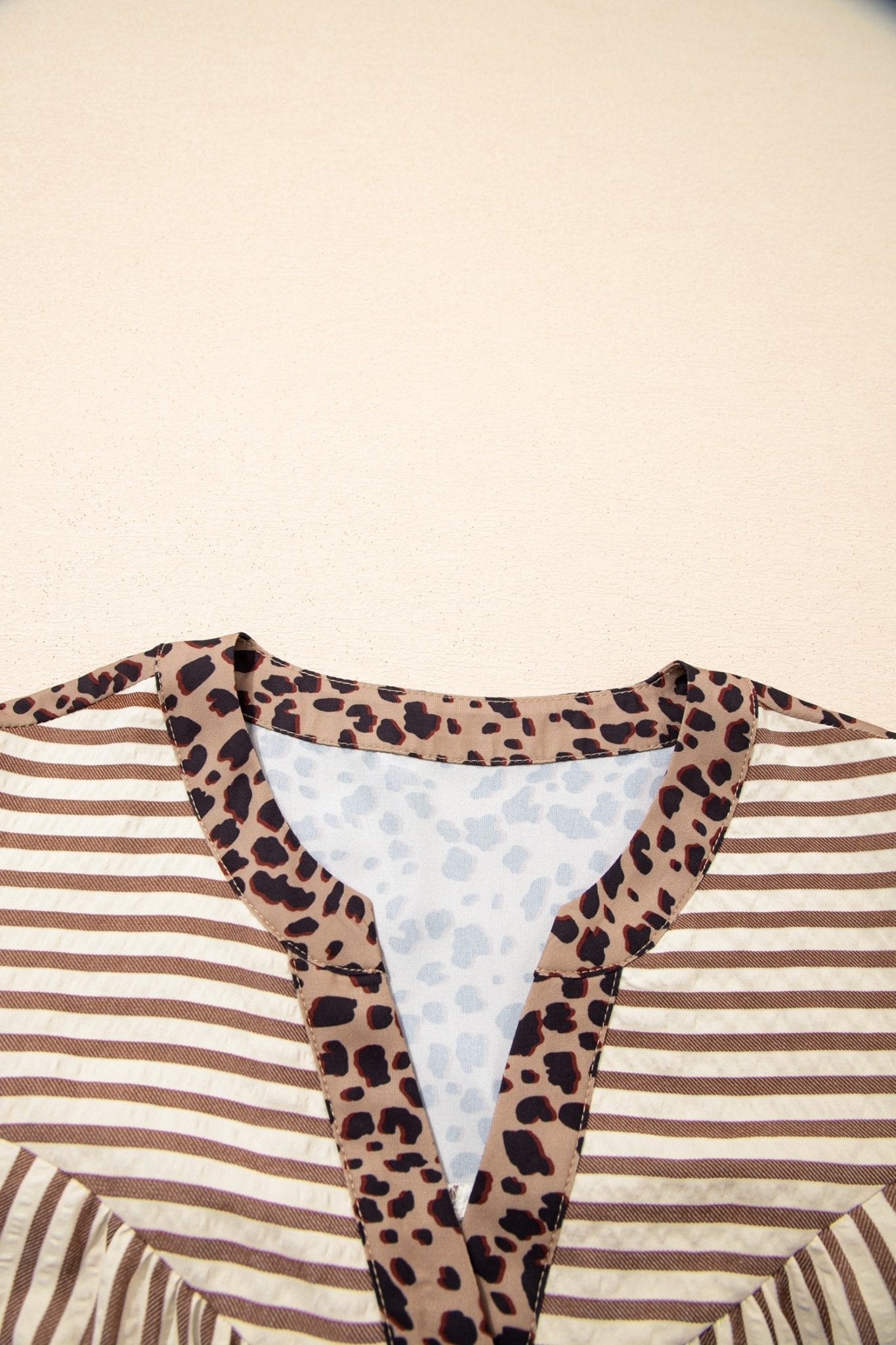 Stripe Leopard Trim 3/4 Sleeve Midi Shirt Dress - Rooted & Reckless Co.