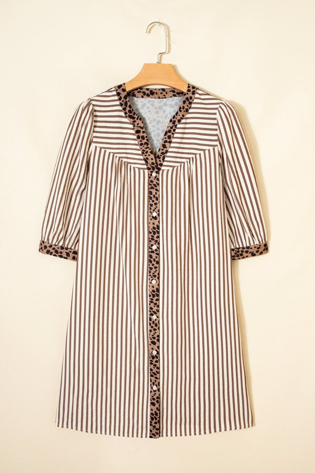 Stripe Leopard Trim 3/4 Sleeve Midi Shirt Dress - Rooted & Reckless Co.