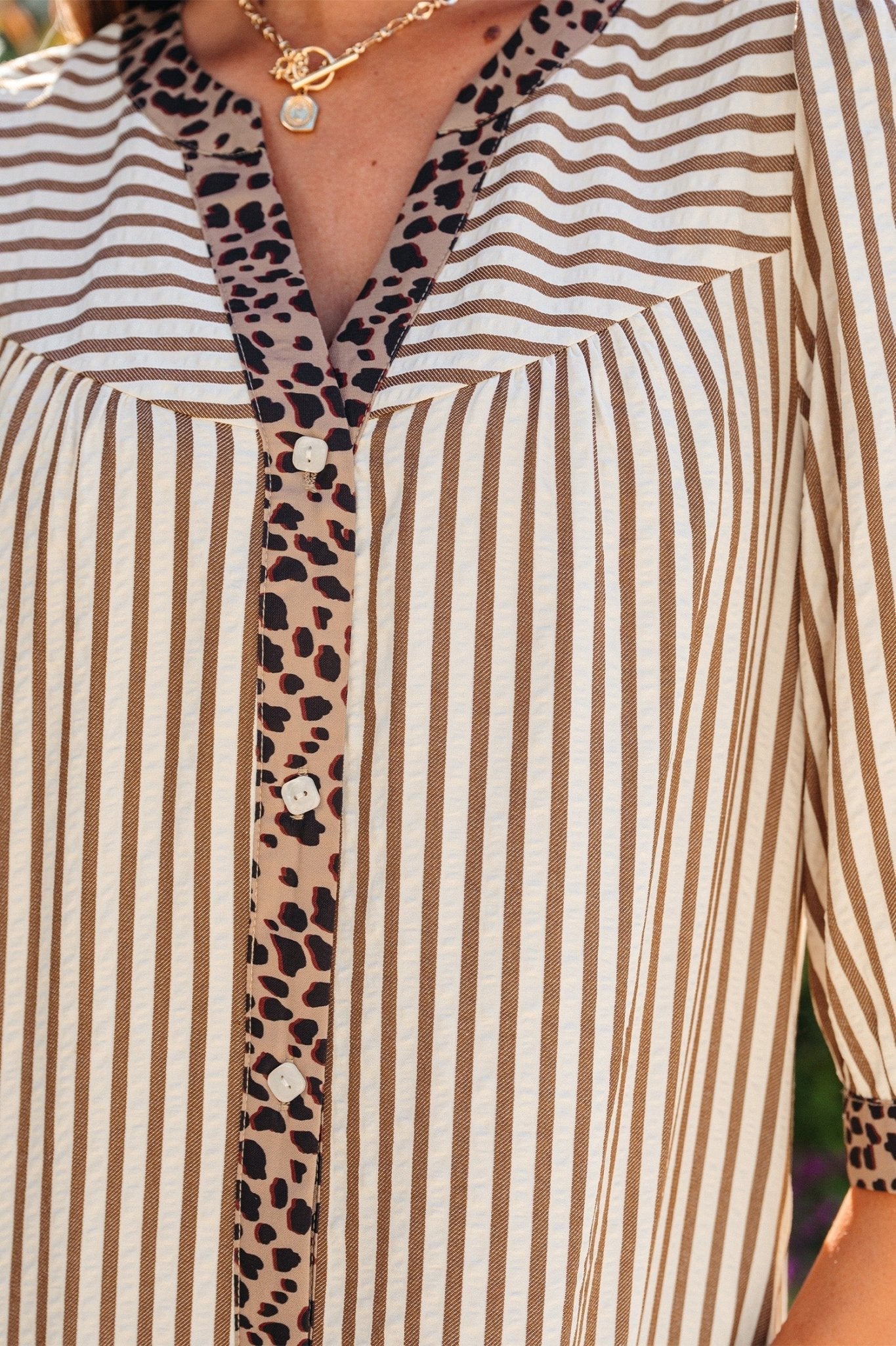 Stripe Leopard Trim 3/4 Sleeve Midi Shirt Dress - Rooted & Reckless Co.