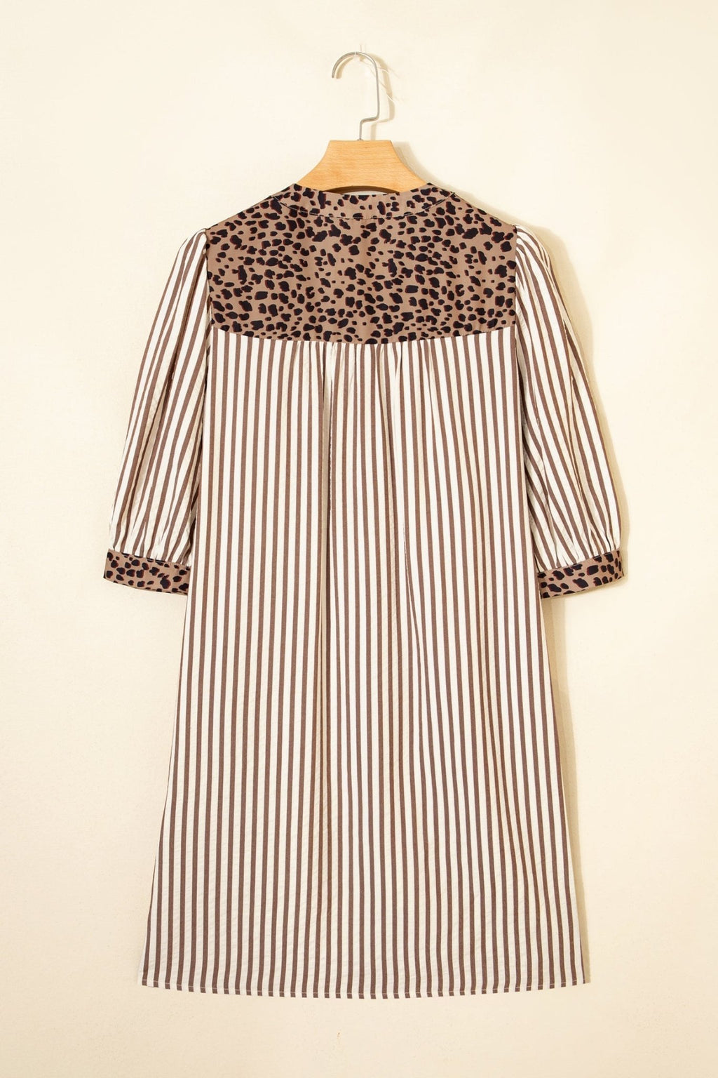 Stripe Leopard Trim 3/4 Sleeve Midi Shirt Dress - Rooted & Reckless Co.