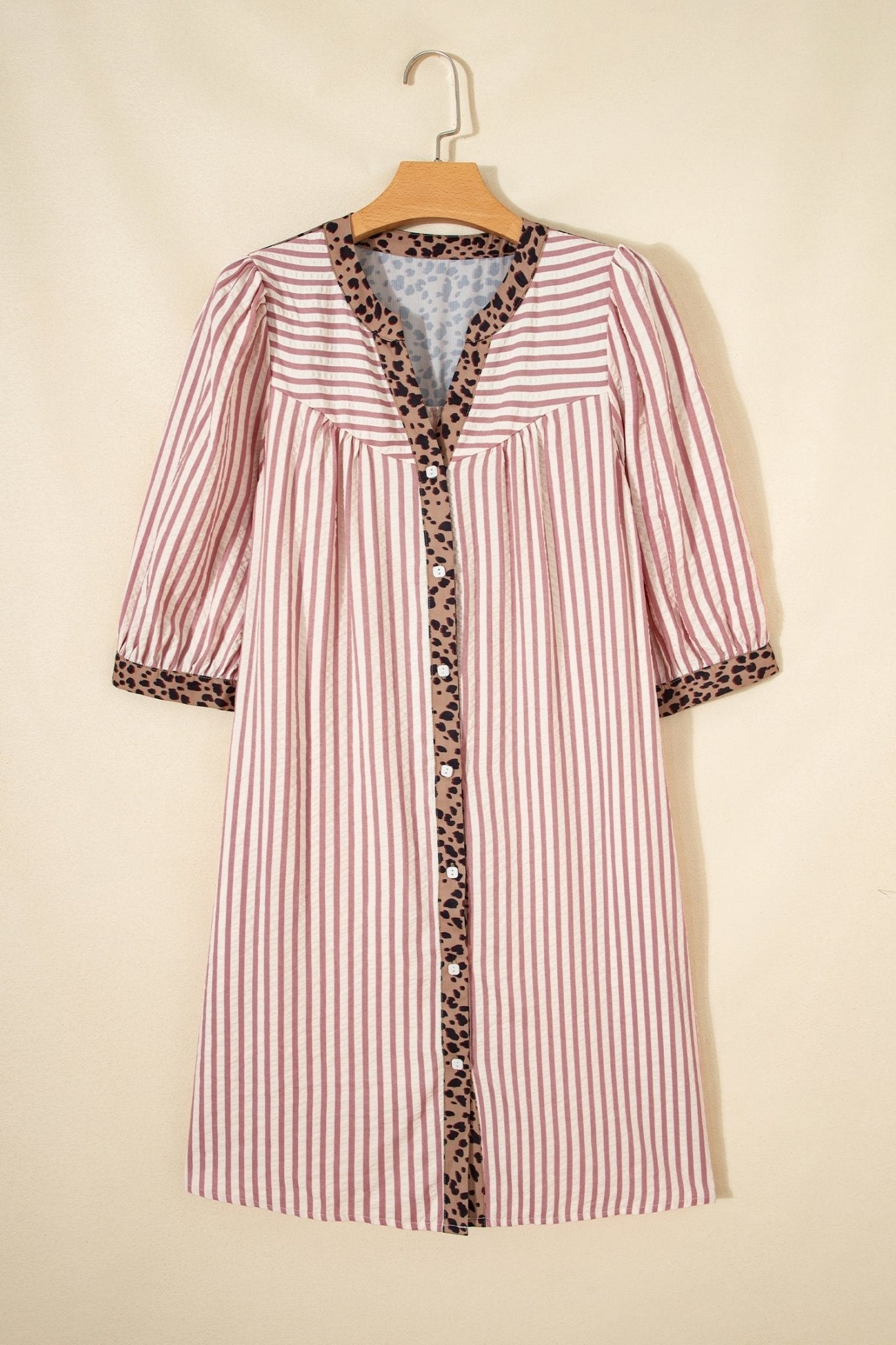 Stripe Leopard Trim 3/4 Sleeve Shirt Dress - Rooted & Reckless Co.