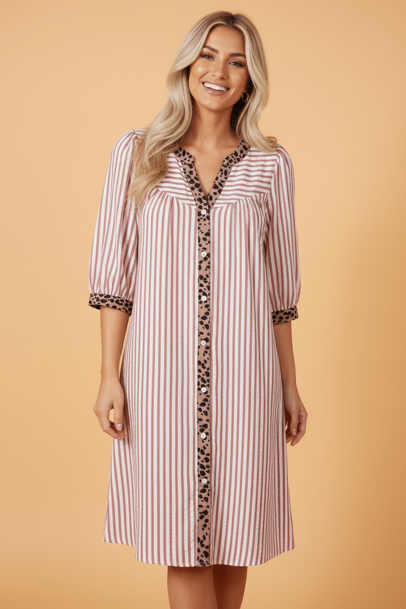 Stripe Leopard Trim 3/4 Sleeve Shirt Dress - Rooted & Reckless Co.