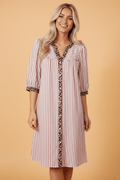 Stripe Leopard Trim 3/4 Sleeve Shirt Dress - Rooted & Reckless Co.