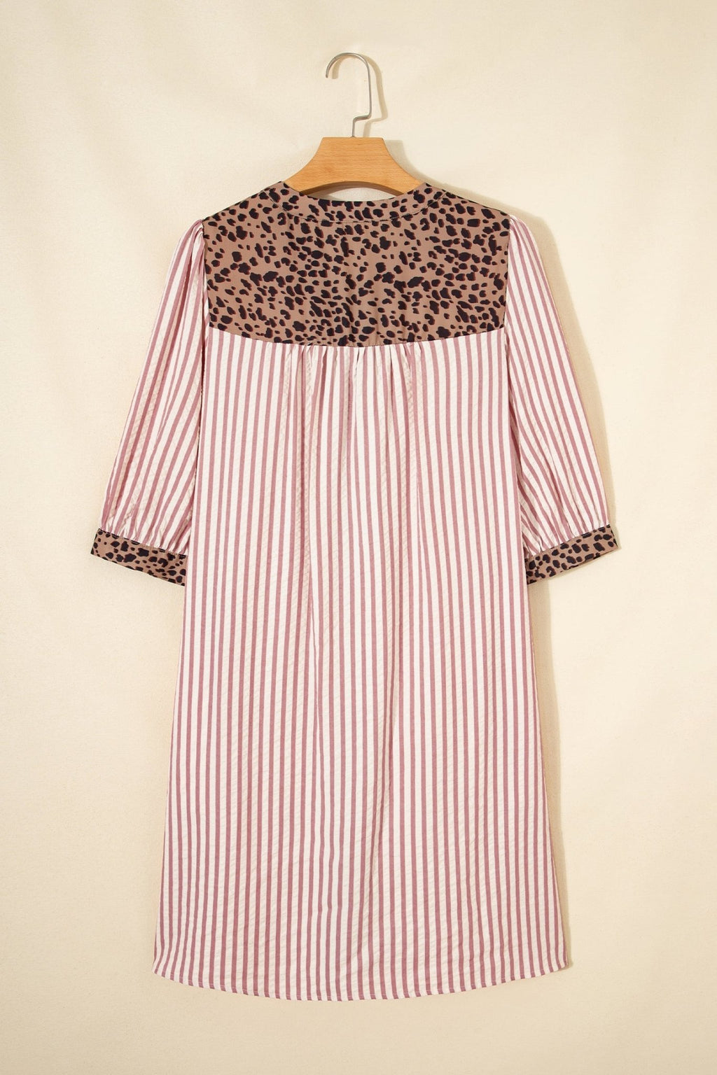 Stripe Leopard Trim 3/4 Sleeve Shirt Dress - Rooted & Reckless Co.