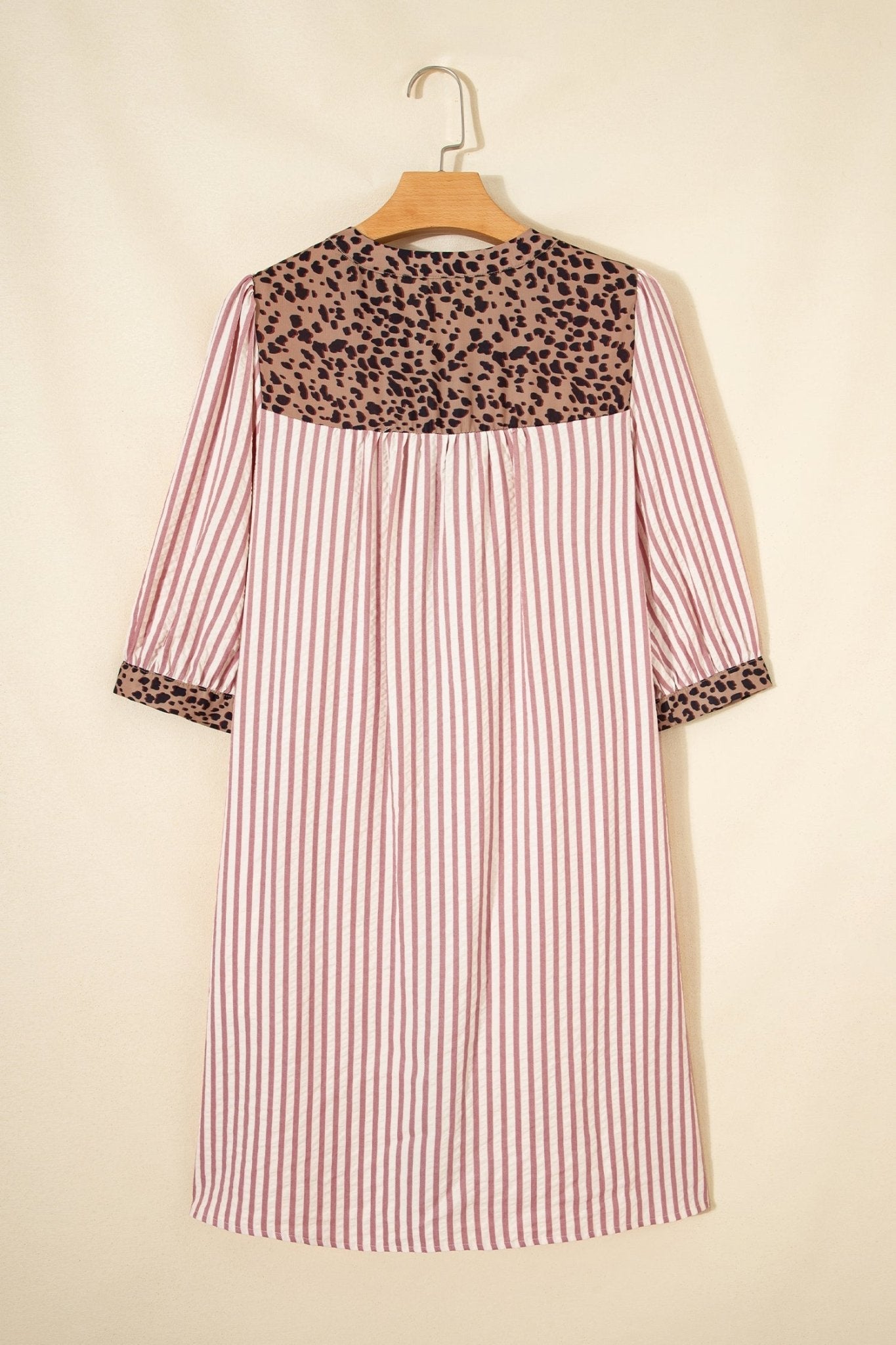 Stripe Leopard Trim 3/4 Sleeve Shirt Dress - Rooted & Reckless Co.