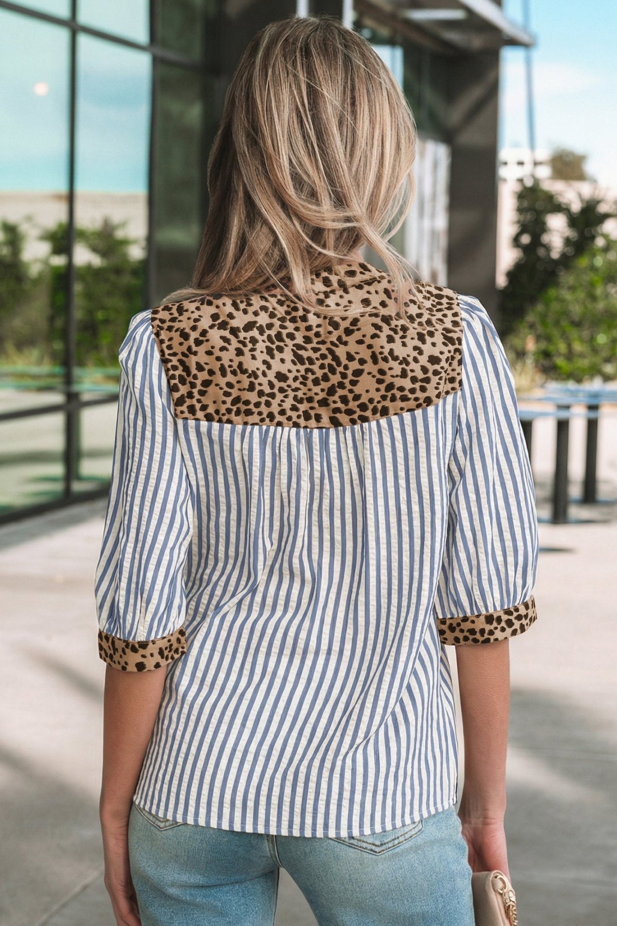 Stripe Leopard Trim V-Neck Buttoned Short Sleeve Shirt - Rooted & Reckless Co.