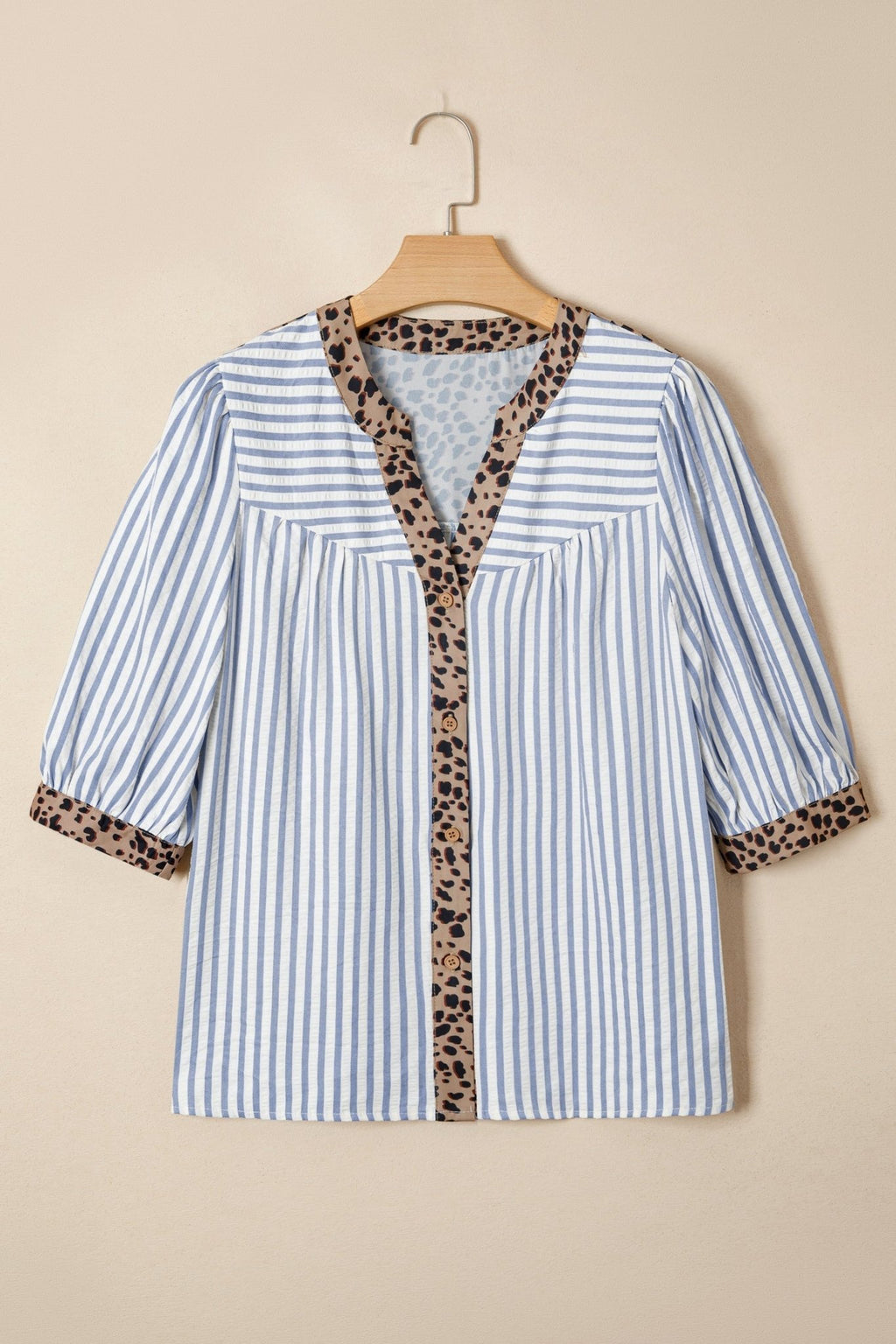 Stripe Leopard Trim V-Neck Buttoned Short Sleeve Shirt - Rooted & Reckless Co.