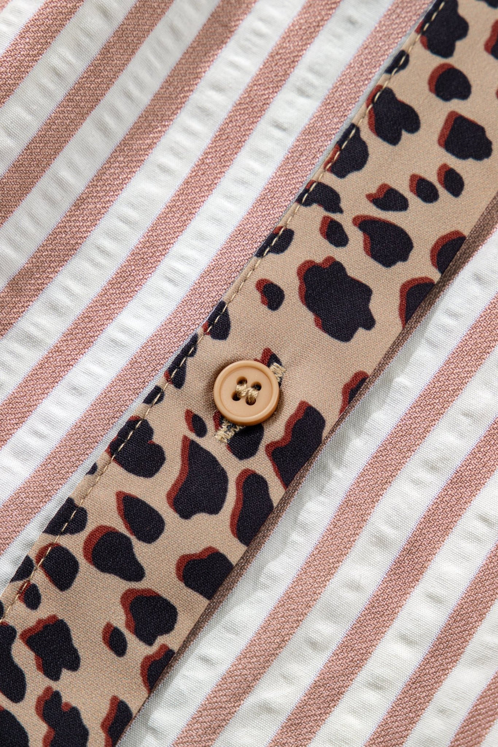 Stripe Leopard Trim V-Neck Buttoned Short Sleeve Shirt - Rooted & Reckless Co.